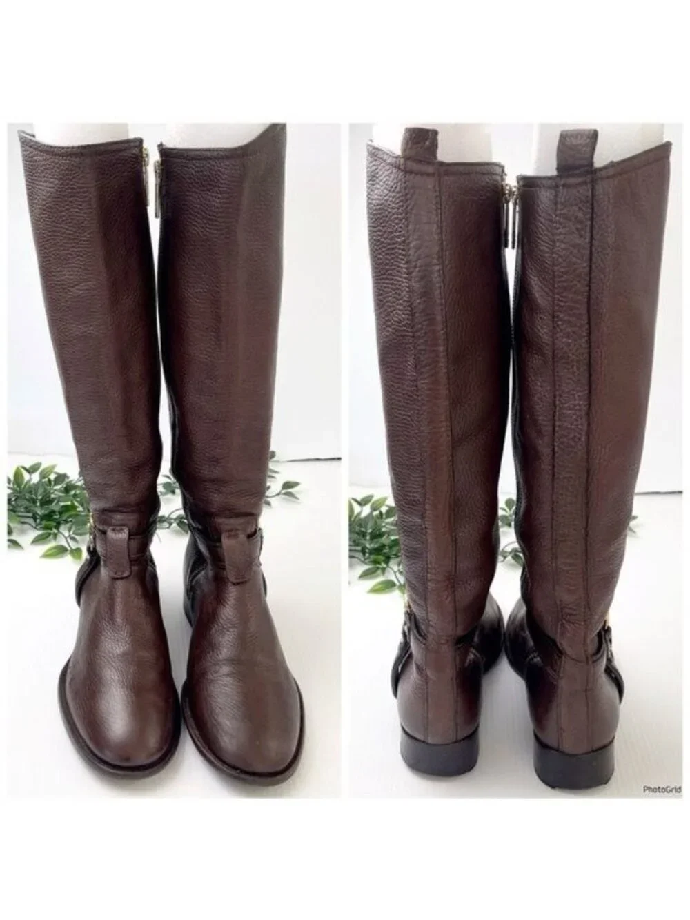 TORY BURCH Brown Leather Riding Boots with golden hardware logo strap 7.5